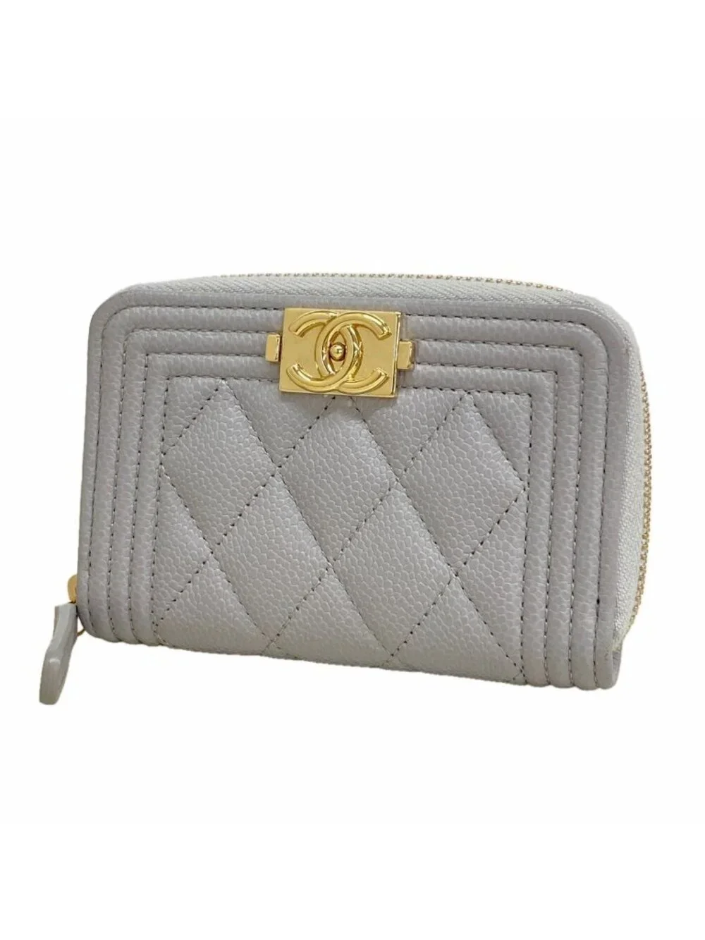 Chanel Coin Purse Boy Caviar Leather Gray Champagne Gold